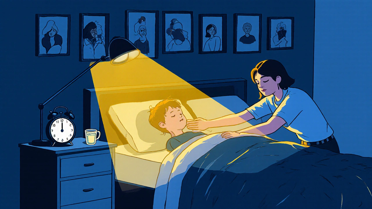 A parent gently waking a child before a scheduled episode, with clock and water nearby.