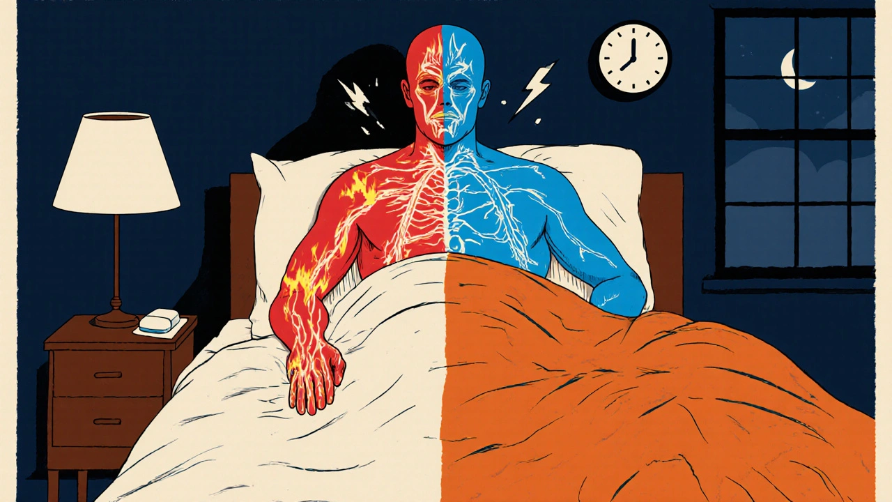 A patient at night with half their body in fiery nerve pain, calmed by a glowing pregabalin pill.