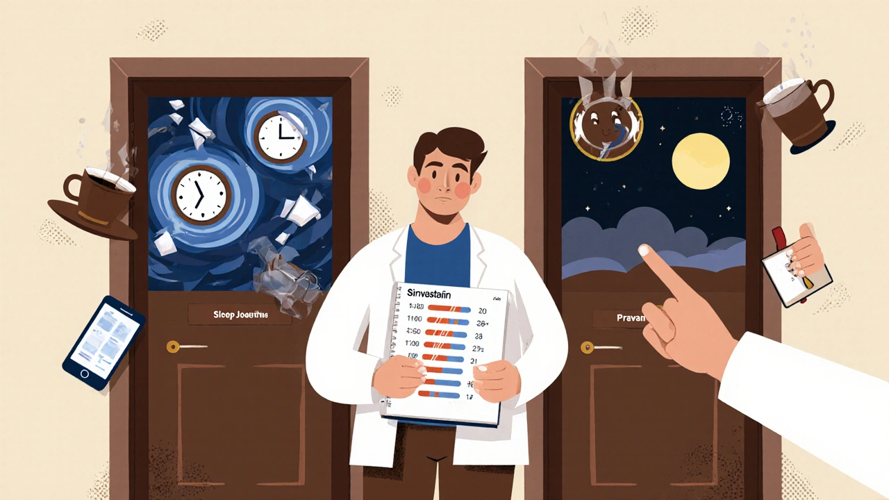 A patient choosing between two doors labeled with statin names, one chaotic, one serene, with sleep factors around them.