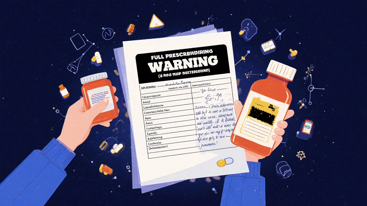 A patient with a floating FDA label showing a black-boxed warning and swirling side effect icons, screenprint aesthetic.