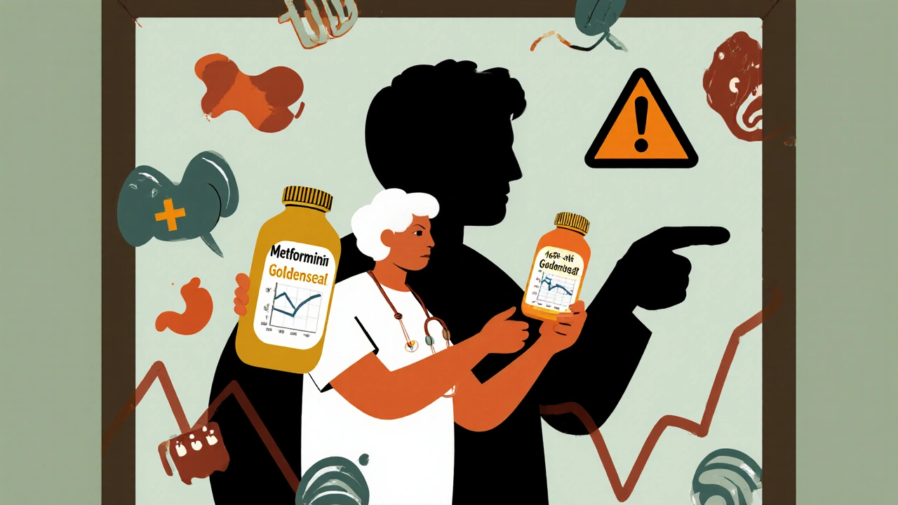 A person holding metformin and goldenseal bottles, seeing a wobbly blood sugar line in the mirror while a doctor warns them.