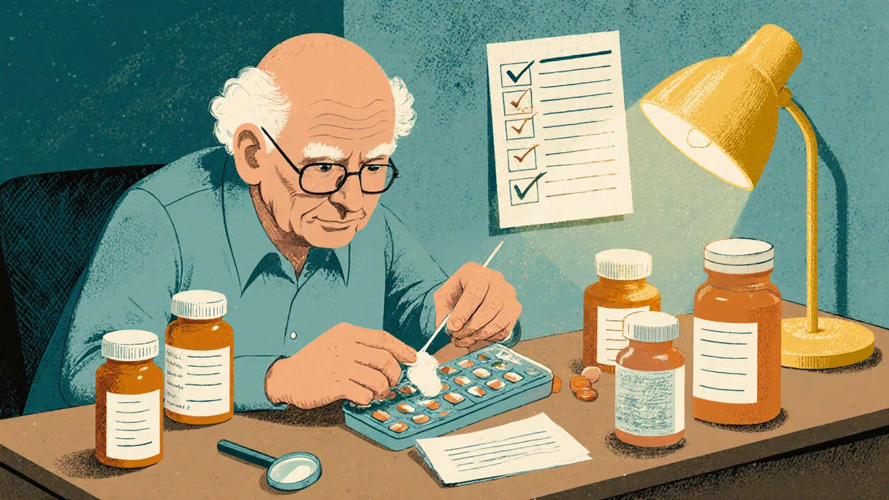 An elderly person cleans a pill organizer with alcohol while consulting prescription bottles and a checklist.