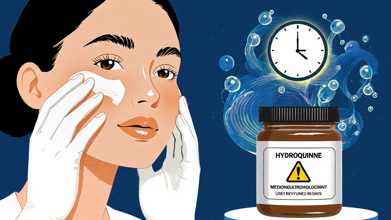 Dermatologist applying triple cream to face, with melanin molecules lifting and a 3-month warning symbol.