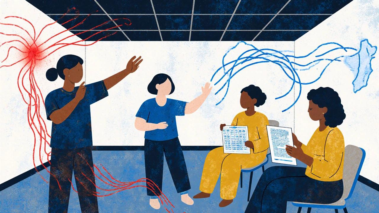 Diverse group engaging in gentle movement, therapy, and exercise during a multidisciplinary pain program.