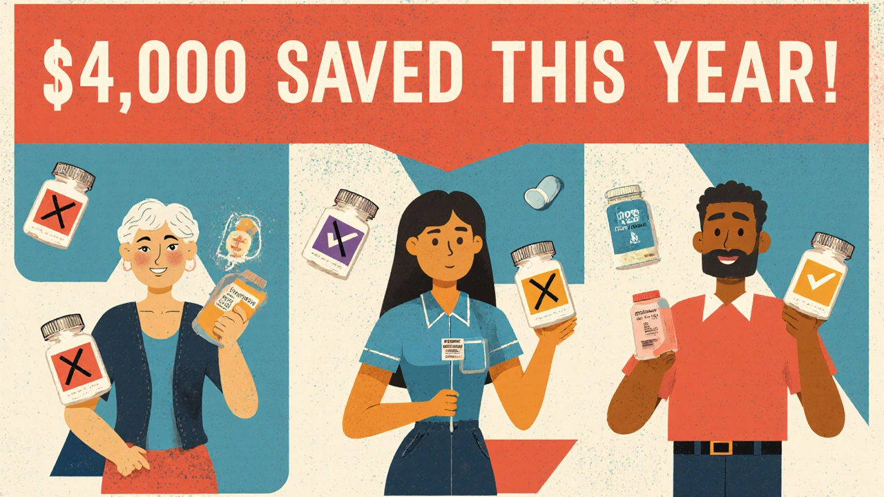 Diverse people saving thousands on generic medications with checkmarks over prices.