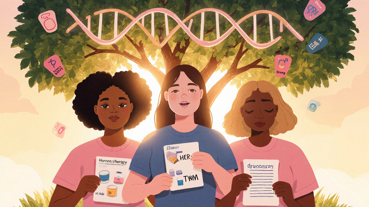 Diverse women holding personalized breast cancer treatment cards under a DNA helix-shaped tree.