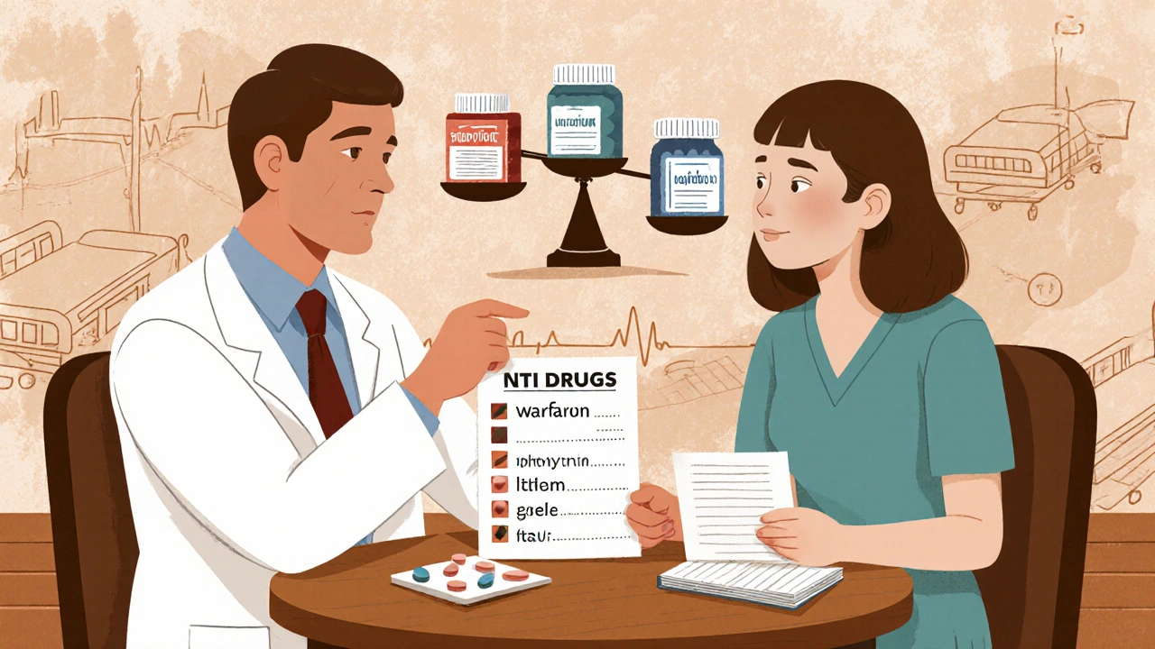 Doctor and patient reviewing NTI drug list with a scale balancing brand and generic pills.