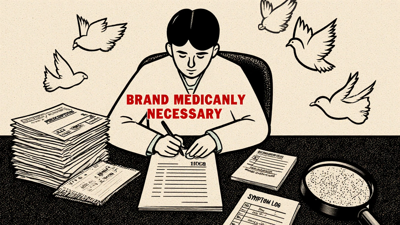 Doctor writing &#039;Brand Medically Necessary&#039; prescription while denied forms fly away and symptom log lies open.