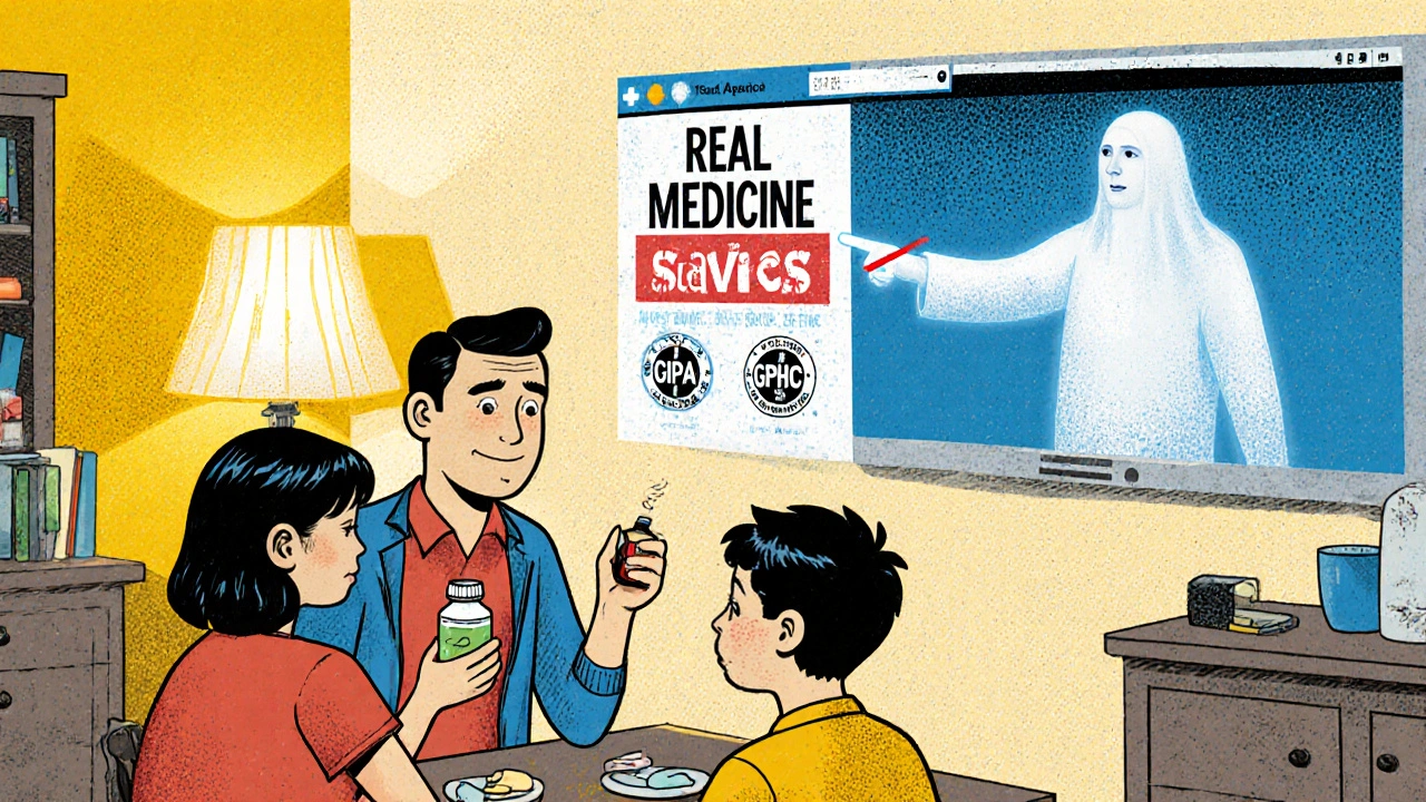 Family at table with doctor&#039;s ghost pointing to a verified pharmacy website.