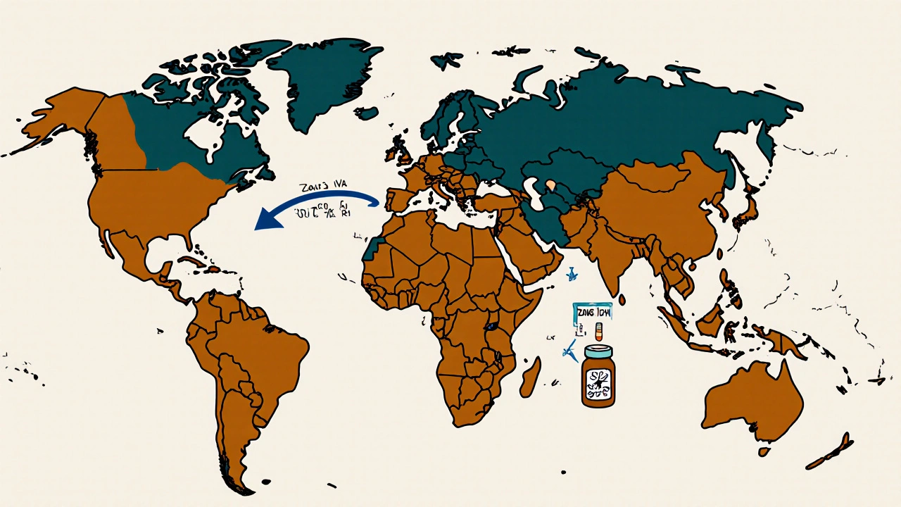 Global map showing drug transport through climate zones with deteriorating pill bottle.