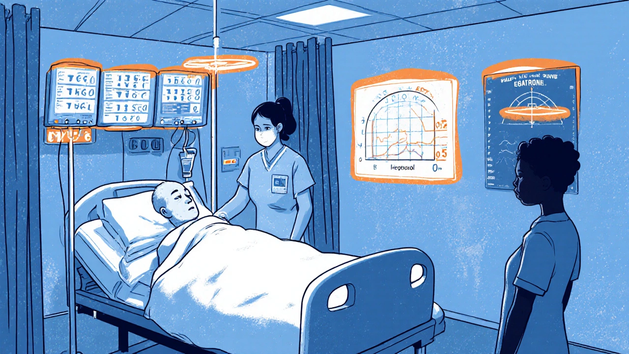 Hospital staff treating DKA patient with IV fluids and monitoring equipment, clinical yet artistic style.