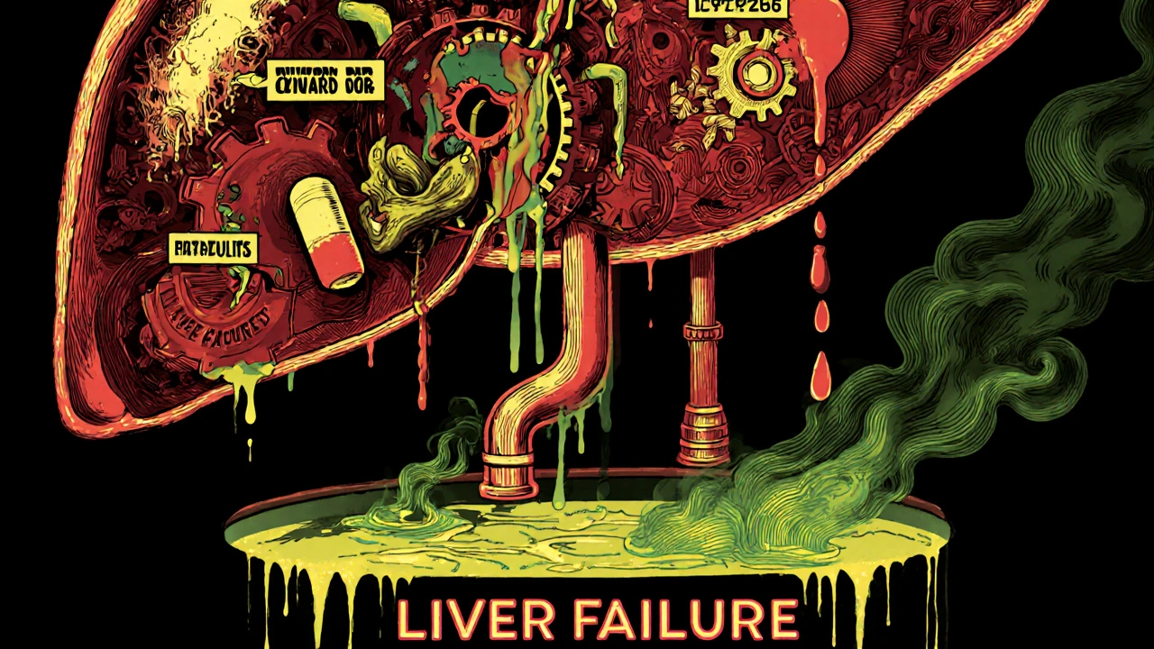 Human liver as a broken machine, clogged by kava and benzodiazepines, leaking toxic smoke.