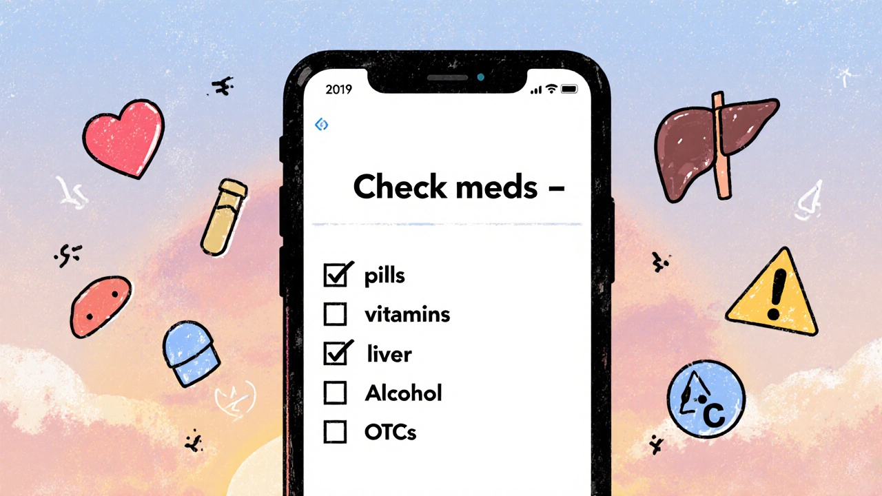 Monthly medication check reminder with icons for pills, alcohol, and health warnings on a phone screen.