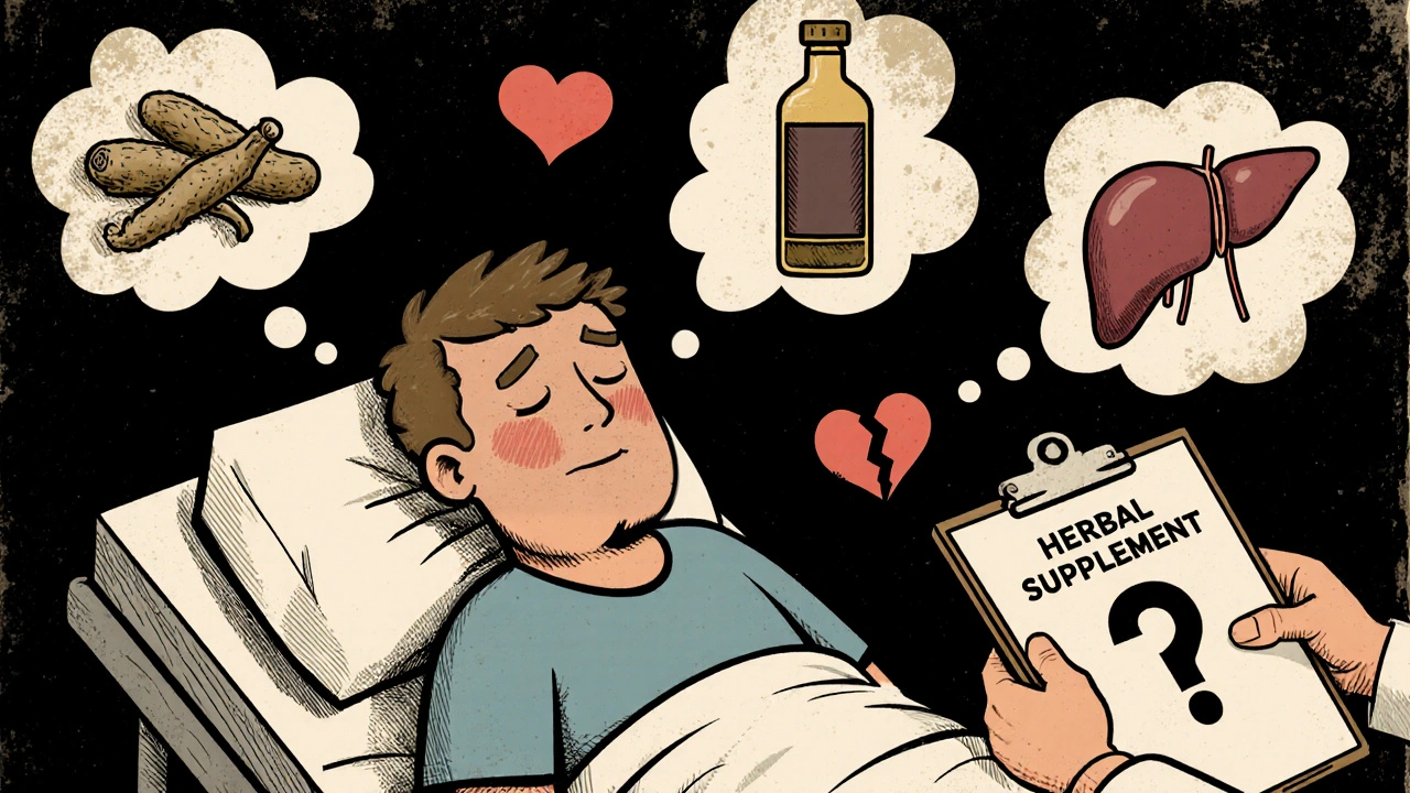 Patient in hospital surrounded by symbols of kava, sedatives, and alcohol, with doctor questioning herbal use.