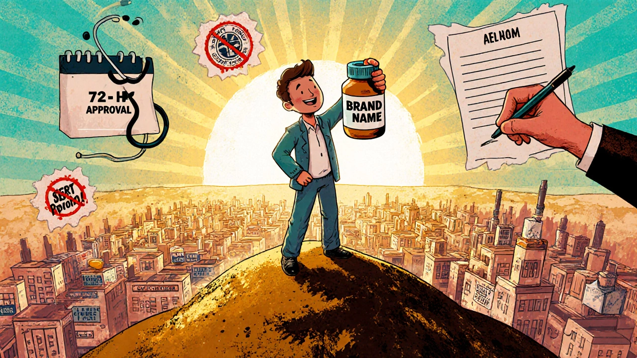 Patient on hilltop holding brand pill bottle as generic factories crumble below, sunrise in background.