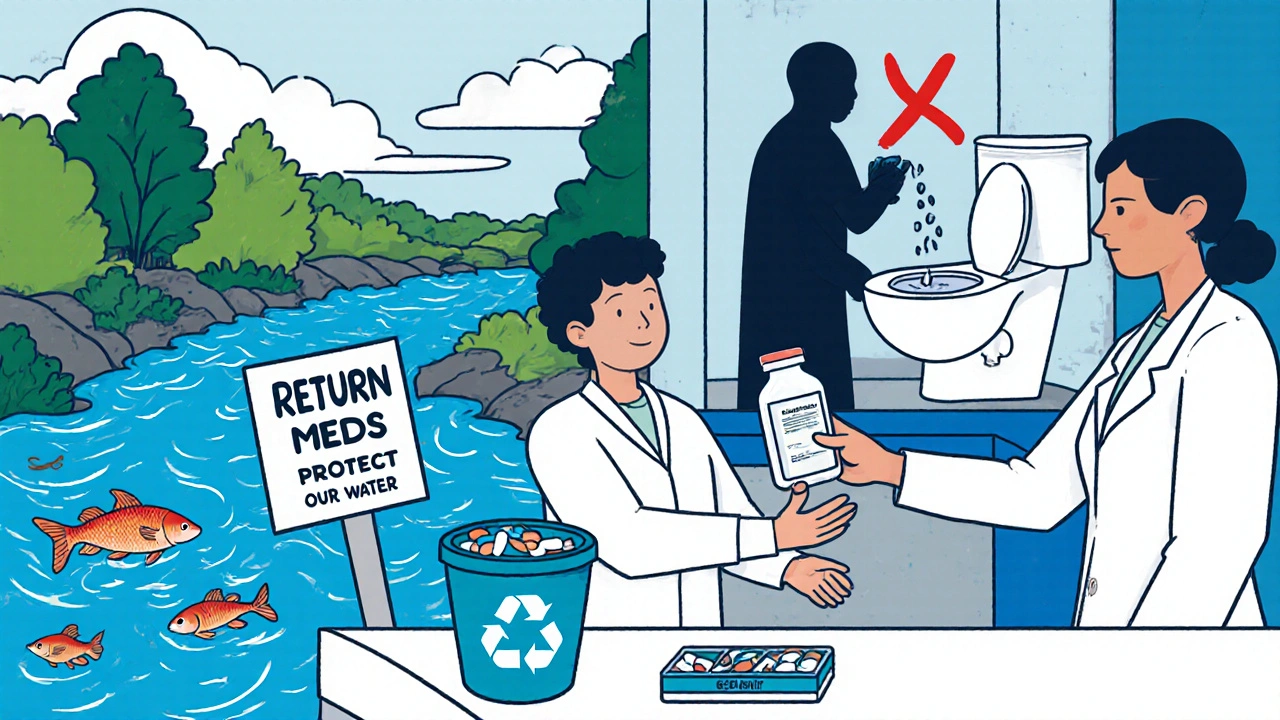 Patient returning unused cefuroxime to pharmacy as clean river flows behind, with flushed pills marked X.