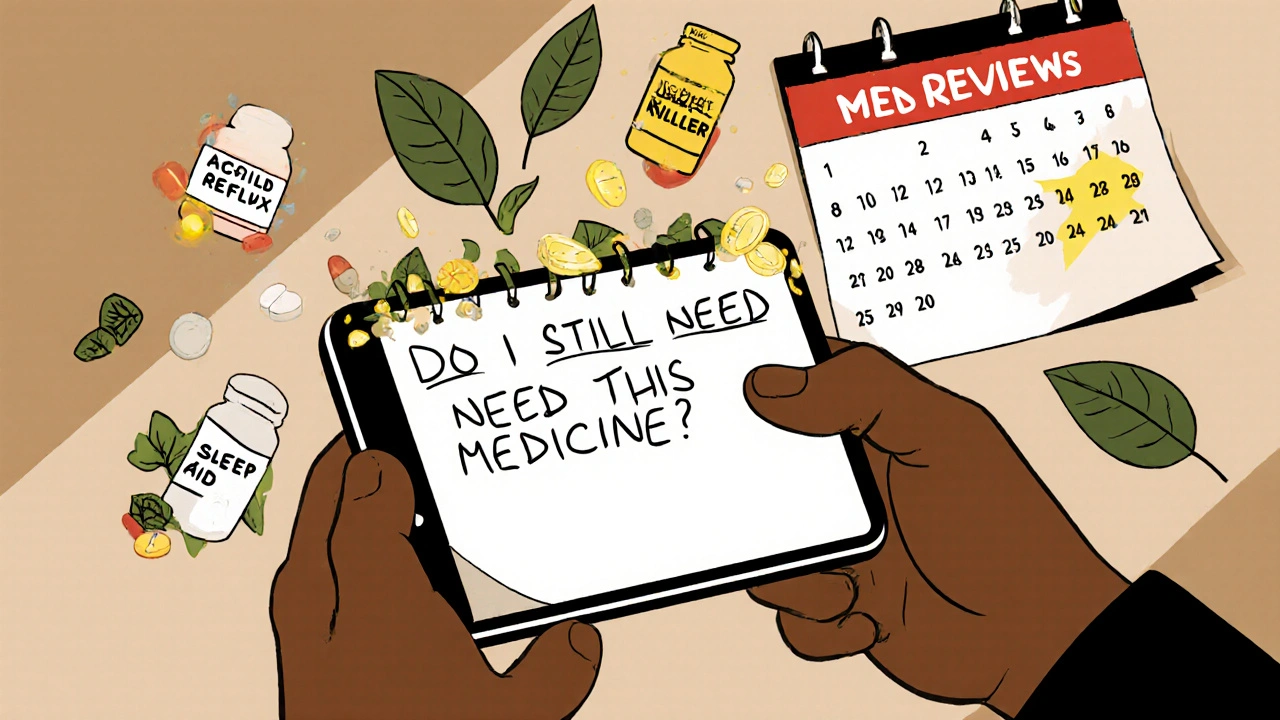 Person reviewing medications at home as unnecessary pills dissolve into nature, symbolizing reassessment.