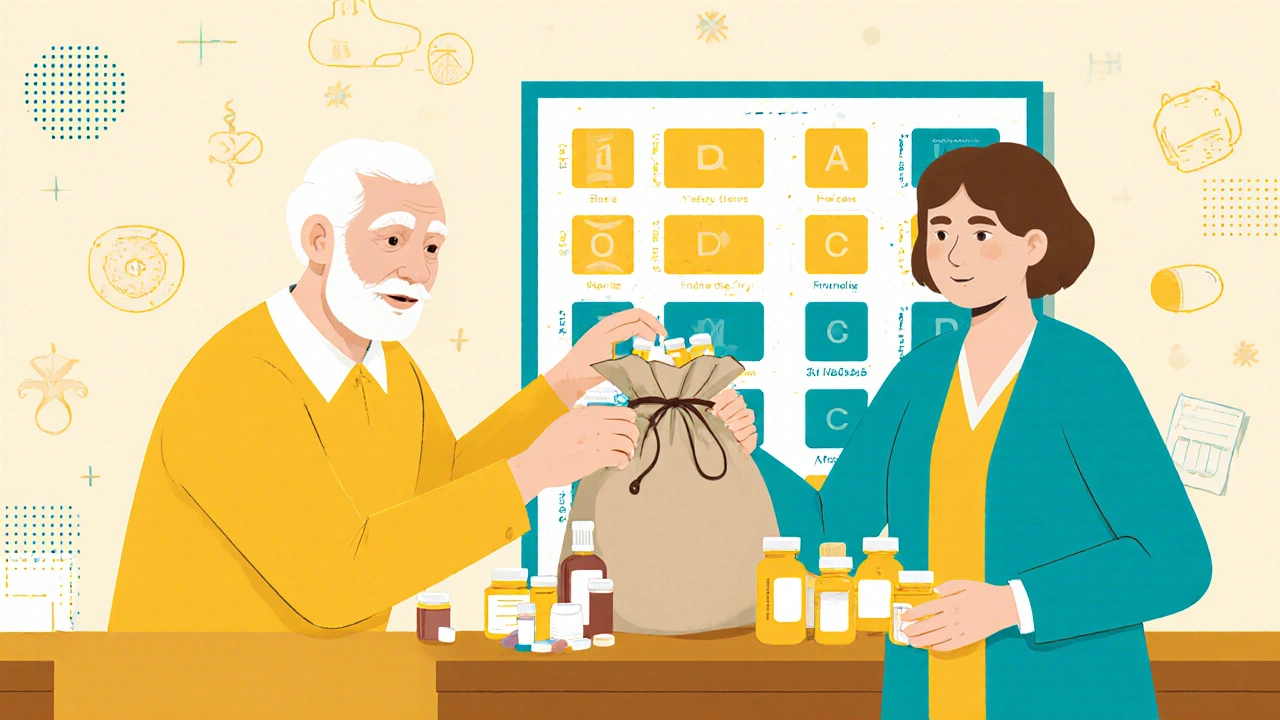 Pharmacist and patient reviewing medications spread out on a cloth bag, with a color-coded pill chart on the wall.