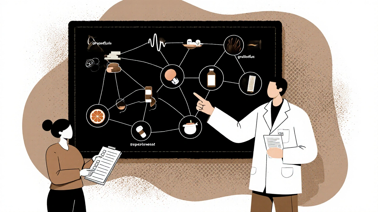 Pharmacist explaining drug interaction risks on a wall screen while a patient holds a medication checklist.