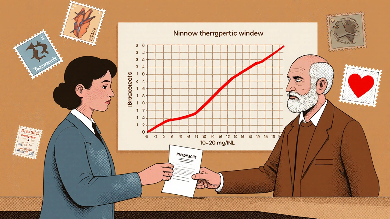 Pharmacist giving generic medication while a therapeutic window graph glows with warning zones.