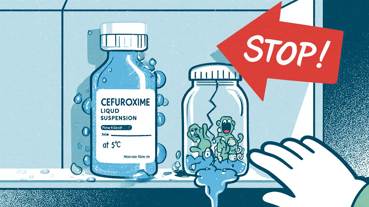 Refrigerated cefuroxime liquid beside a spoiled bottle with growing bacteria, child’s hand stopped by warning arrow.