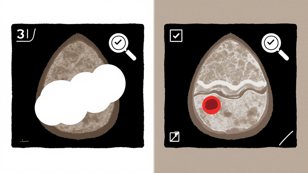 Side-by-side comparison of 2D and 3D mammograms highlighting tumor visibility in dense breast tissue.