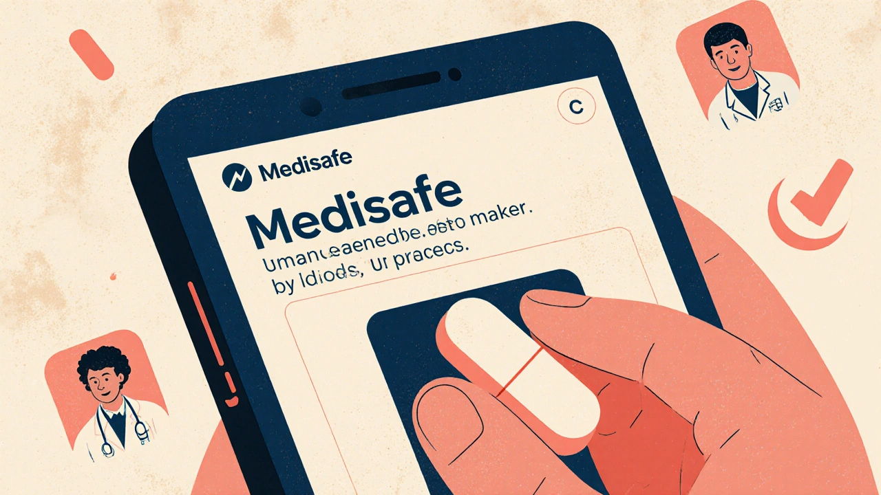 Smartphone showing a pill recognition app matching a generic pill to its previous version, with medical icons floating nearby.