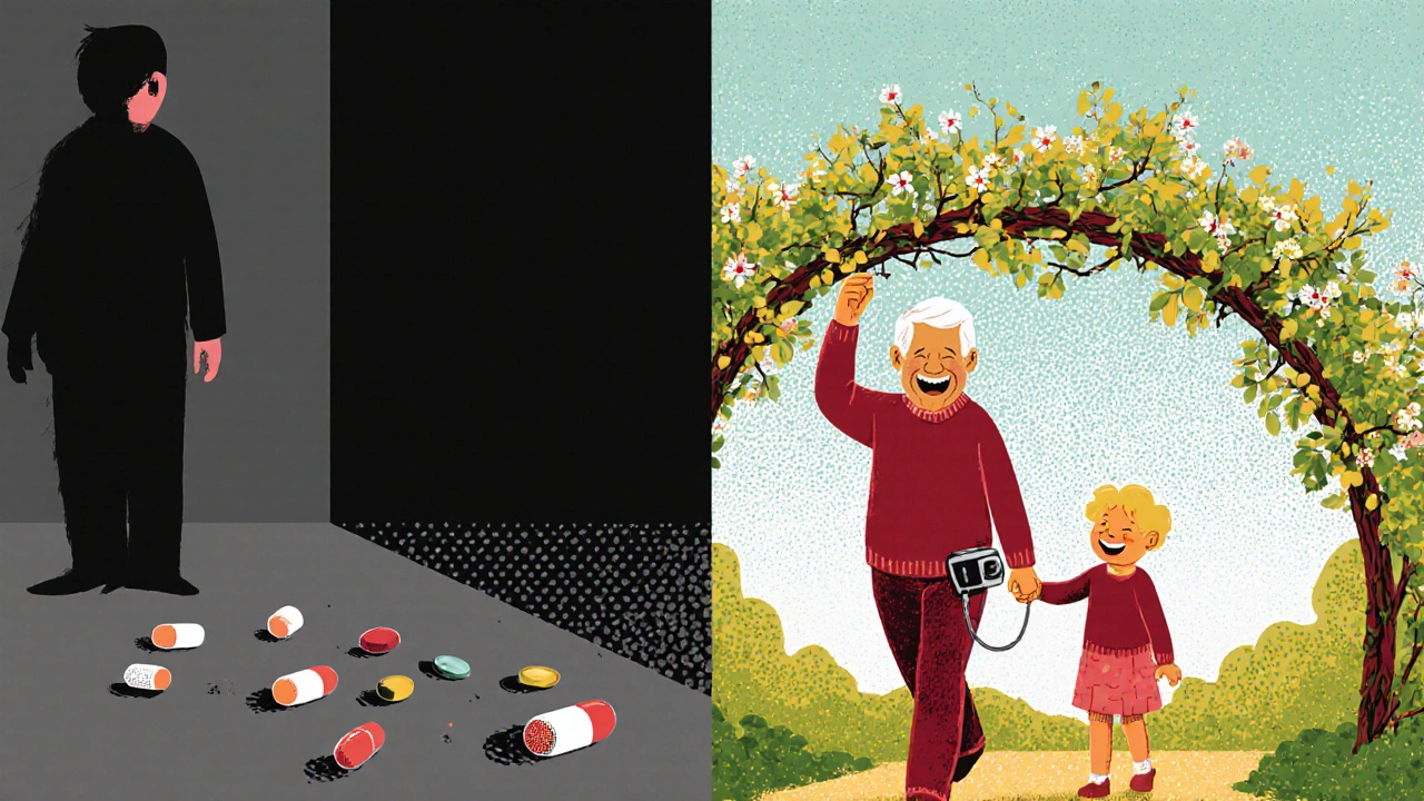 Split image: isolated person with pills vs. same person walking with grandchild outdoors, symbolizing pain management transformation.