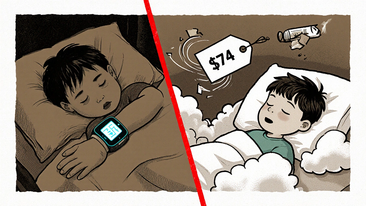 Split image of healthy child vs. DKA emergency, with insulin cost symbolized in screenprint style.