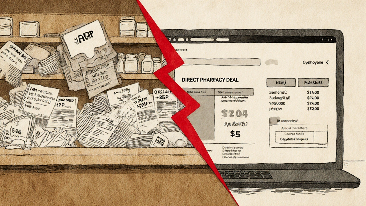 Split scene: inflated retail pricing vs transparent online drug deals.