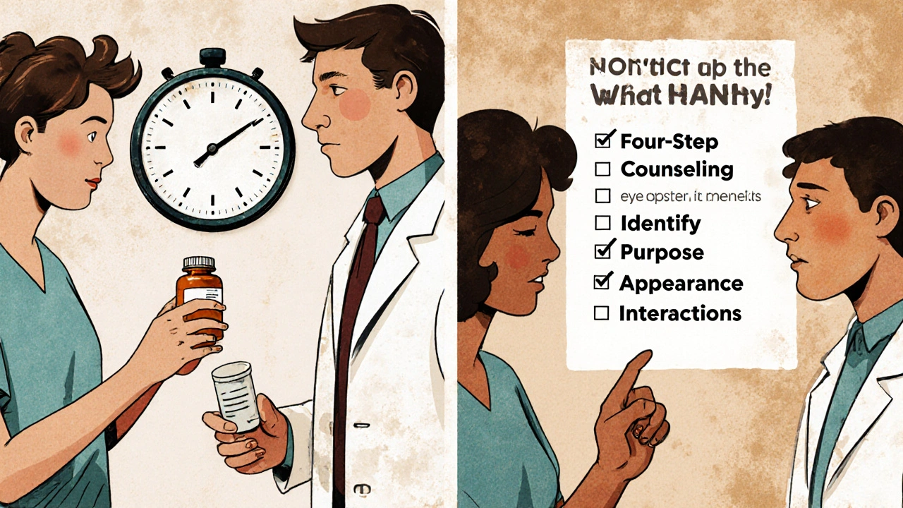 Split scene: rushed pharmacy vs. thoughtful counseling, with checklist overlay showing the four-step safety process.