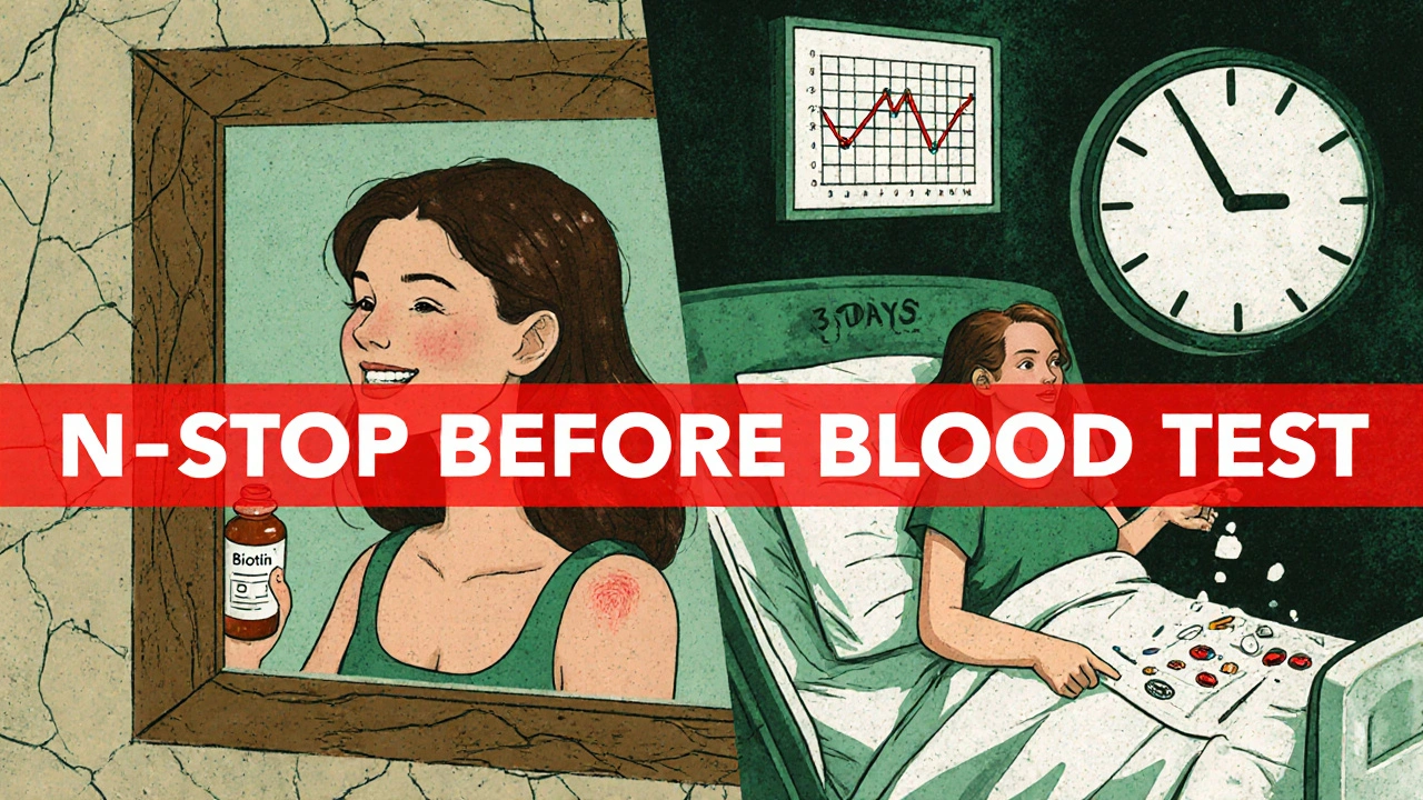 Split scene: woman happy with supplements vs. same woman in hospital with chaotic test graphs, screenprint aesthetic.