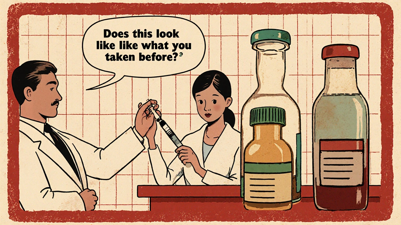 Technician shows patient how to use insulin pen while comparing it to an older bottle, highlighting visual differences.