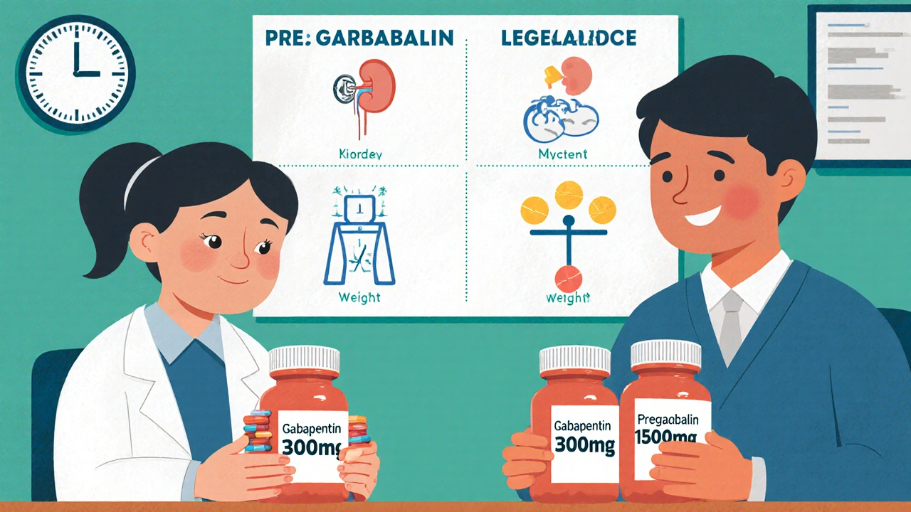 Two patients in a doctor’s office, one with many small pills, the other with two large ones, comparing dosing.
