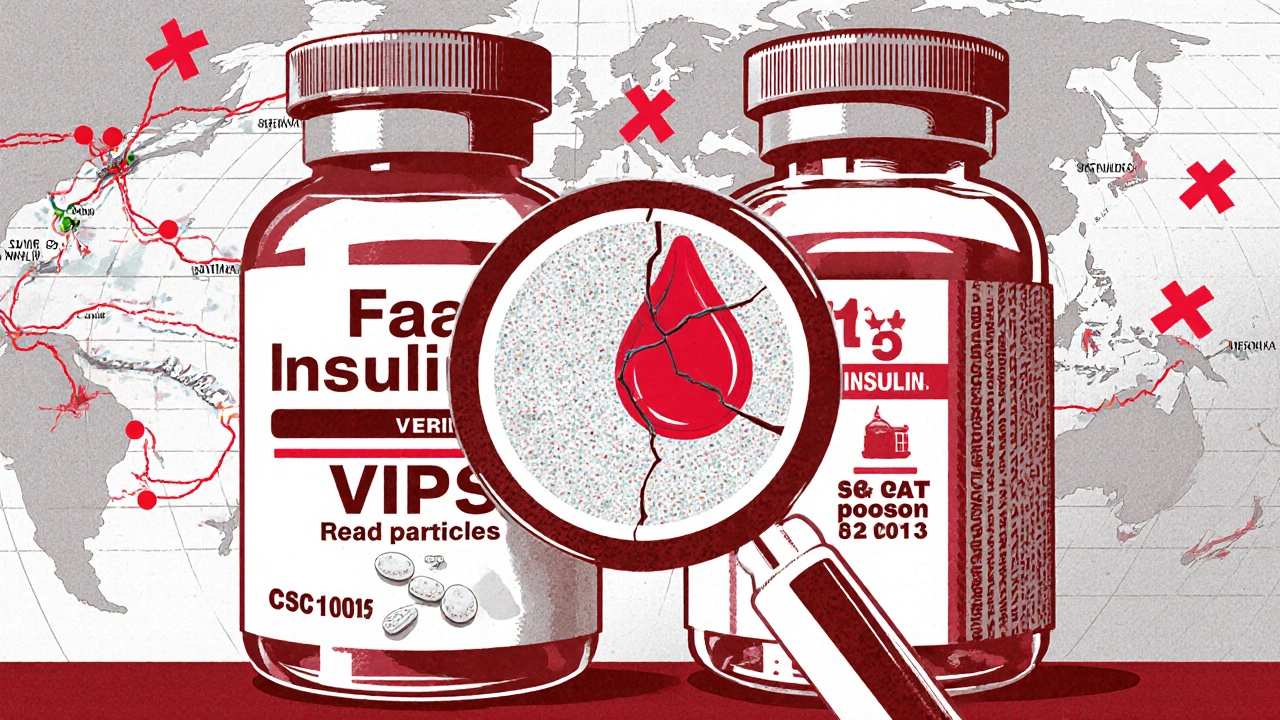 Two pill bottles side by side: one real, one fake with hidden toxins visible under magnification.