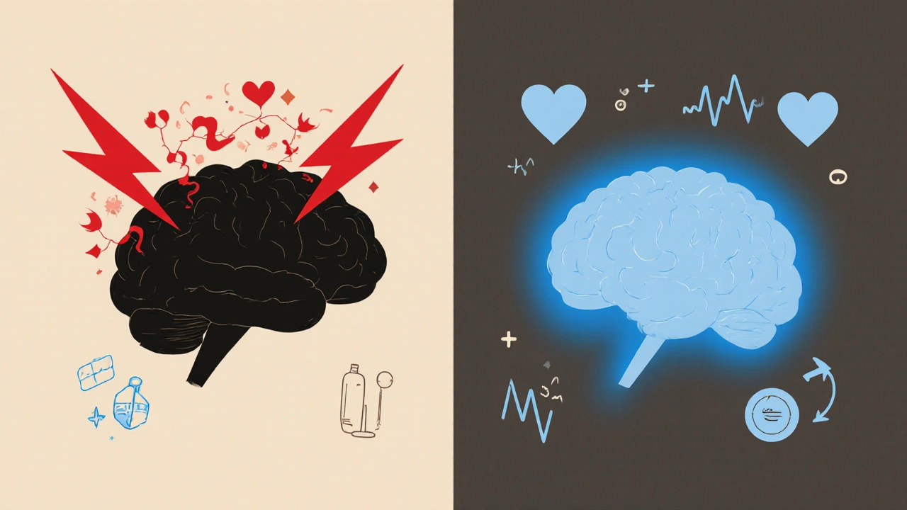 Two statin molecules shown side by side—one disrupting the brain with chaos, the other calm and external.