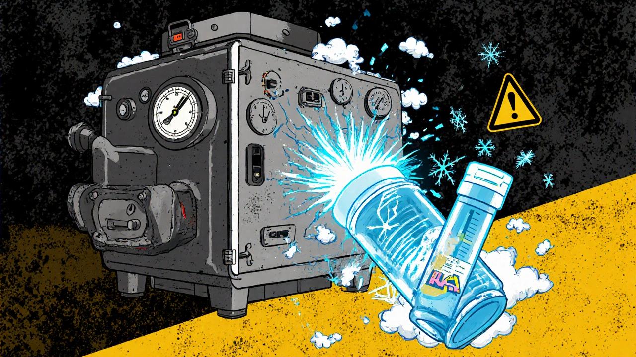 Vintage stability chamber struggling against a glowing mRNA vaccine vial.