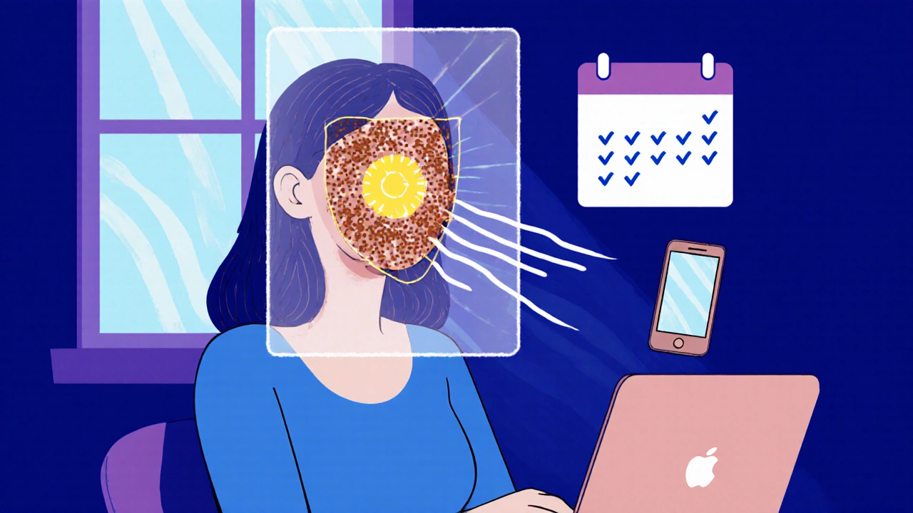 Woman indoors protected by tinted sunscreen shield, blocking blue light and heat from devices.