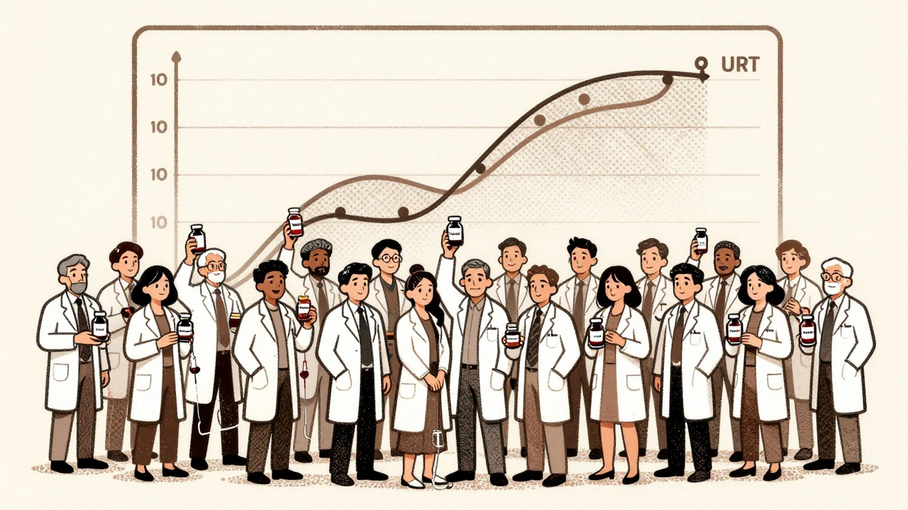 24 volunteers in a lab undergoing blood draws, with overlapping drug concentration curves on a wall behind them.