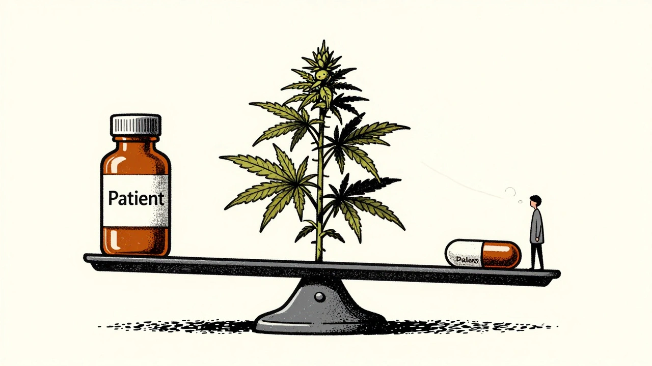 A medical scale tipping under opioids, cannabis, and sleep aids, with a fading patient silhouette.