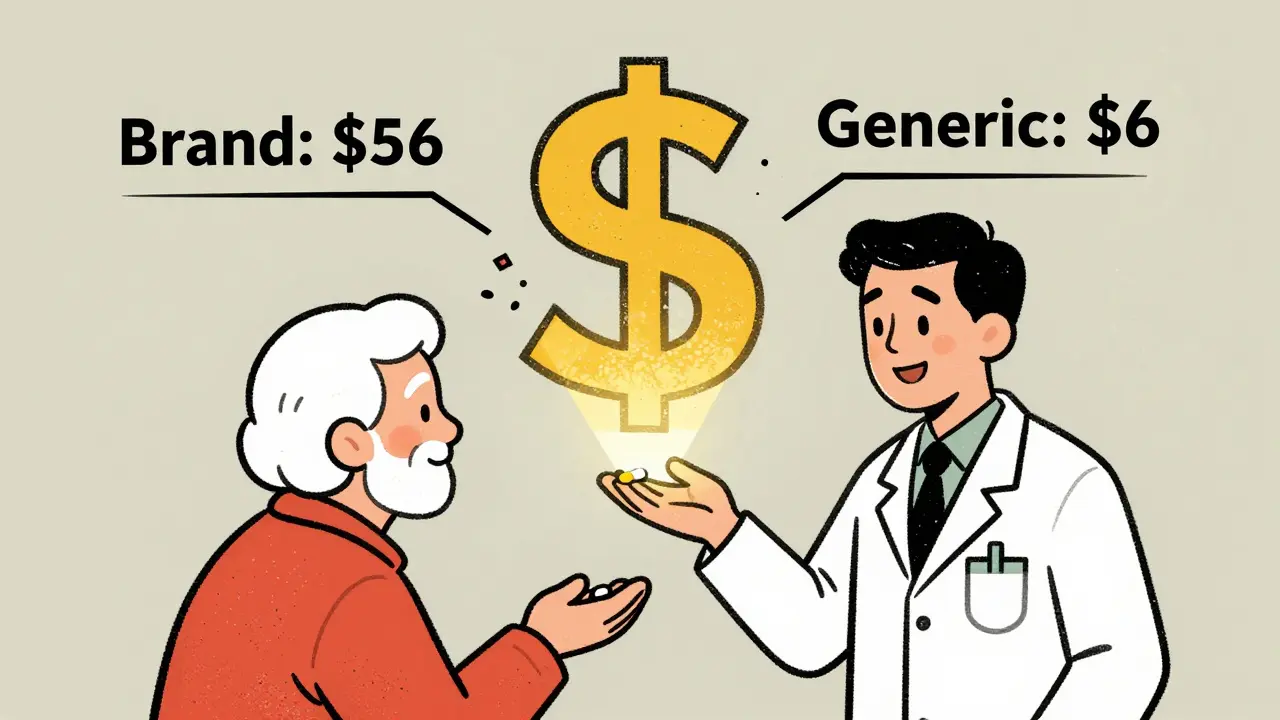 A pharmacist giving a generic pill to an elderly patient, with dollar signs showing brand vs. generic costs.