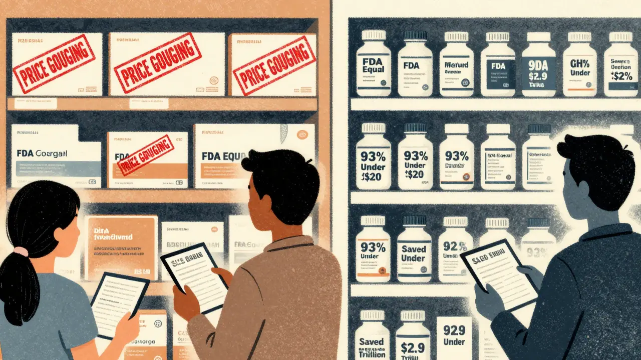 A pharmacy shelf split between expensive branded drugs and affordable generics with savings labels.