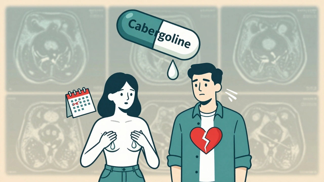 A woman and man affected by prolactinoma symptoms, with a cabergoline pill descending as a solution.