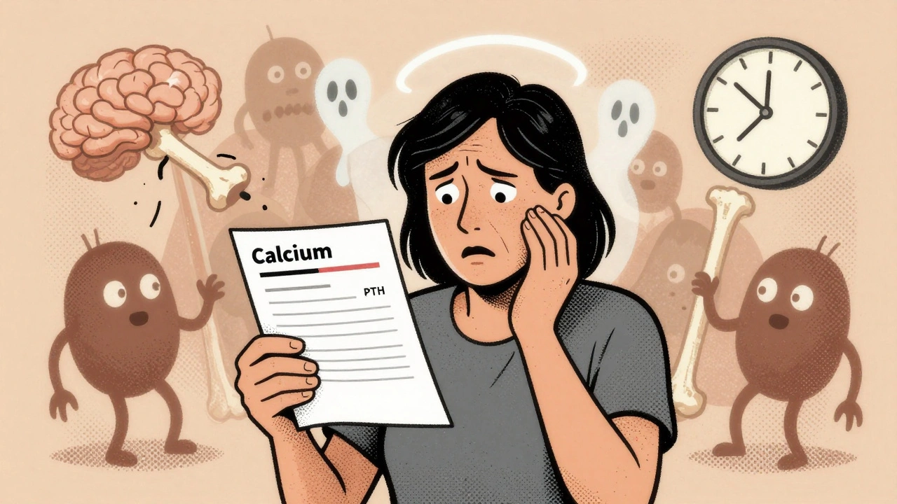 A woman with floating lab results and shadowy bone-eating cells, symbolizing undiagnosed hyperparathyroidism.