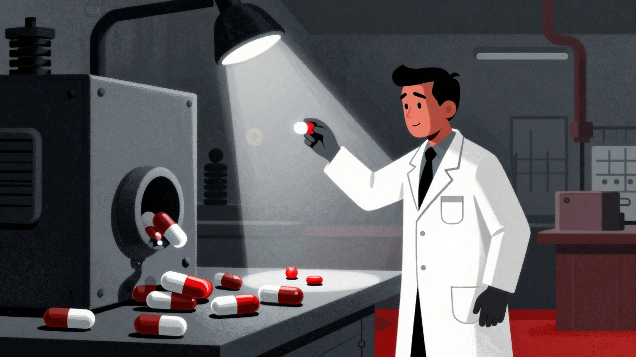 An FDA inspector inspects pills in a factory, one glowing red to signal a defect.