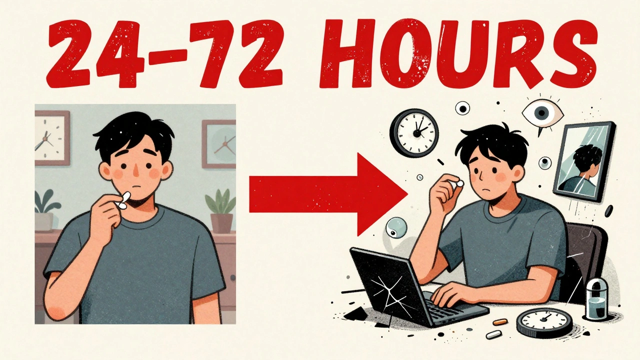 Before-and-after timeline showing calm transition to chaotic hallucinations after taking a medication.