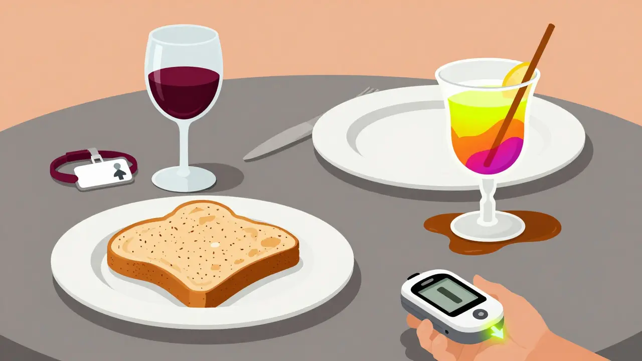 Dinner table with safe diabetic drink and food beside a spilled sugary cocktail, medical ID bracelet and CGM device visible.