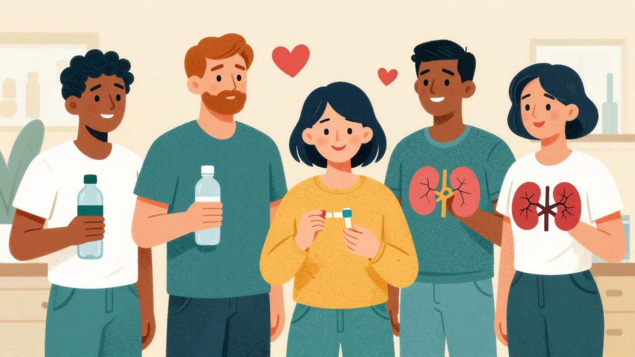 Diverse patients monitoring health with water bottles and urine tests in a clinic setting.