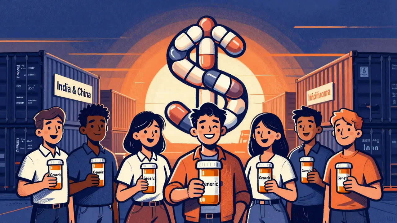 Diverse people holding generic pills under a dollar sign made of medication, warehouse labeled India and China in background.