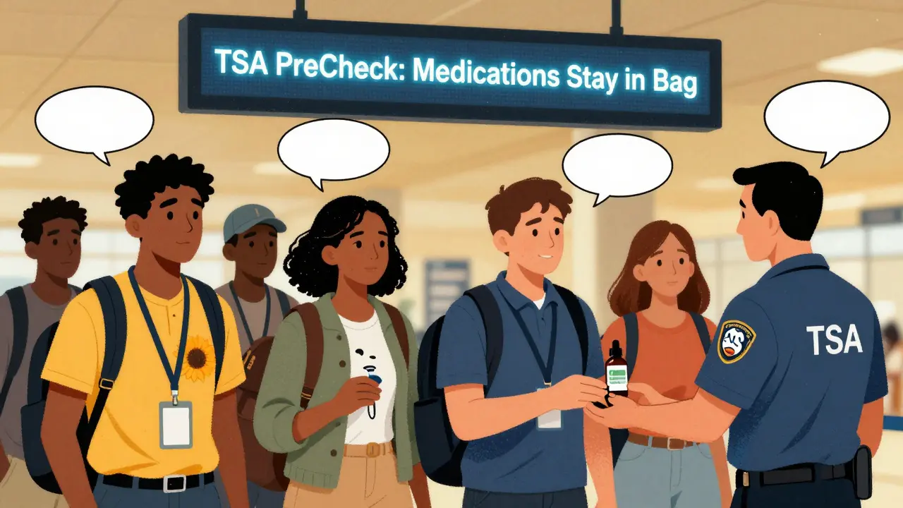 Diverse travelers at security with medical devices, one wearing Sunflower Lanyard, CBD oil being rejected.